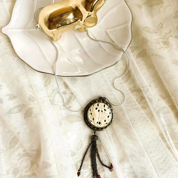 Antique Round Butterfly Brass Pendant Necklace with Sterling Silver chain 18" - Picture 7 of 7